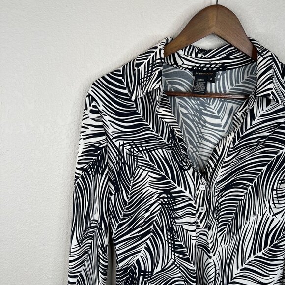 BCBGMAXAZRIA Black White Palm Leaf 3/4 Sleeve Wrap Blouse‎ M - Picture 4 of 12